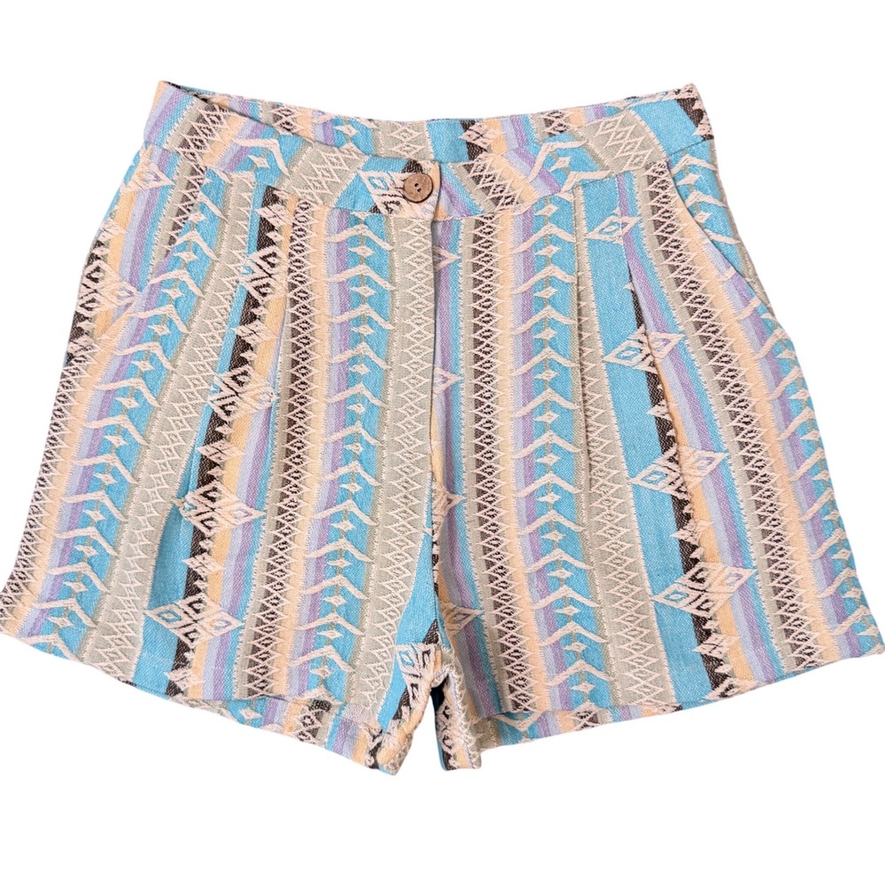 Pleated Embroidered Pastel Colorful Cotton Shorts (M) Summer High Waist 3" Rise